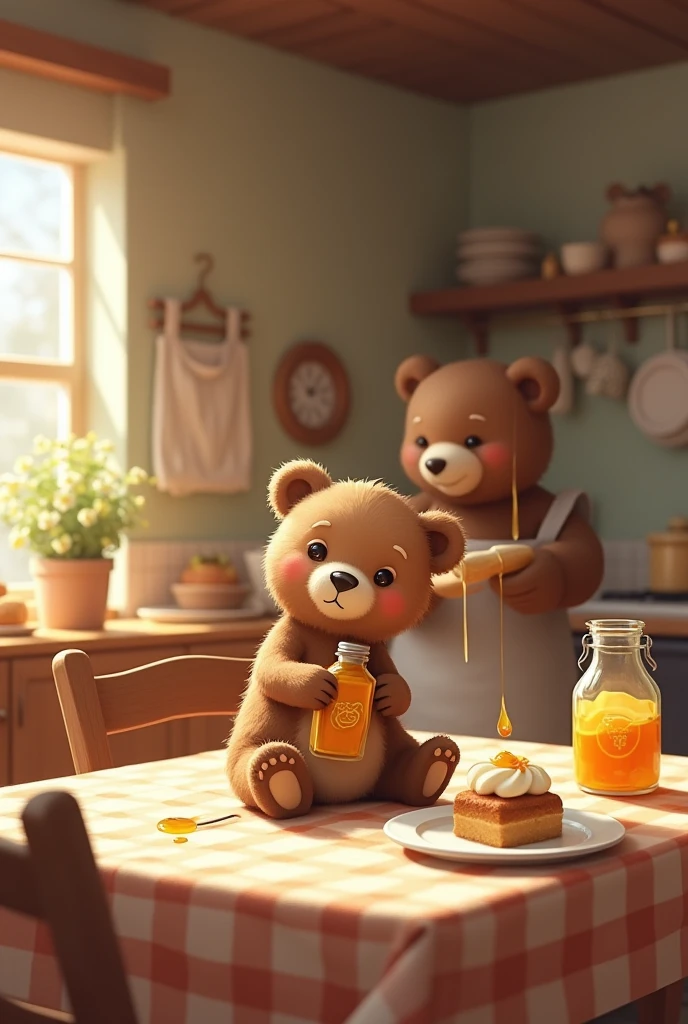 Little bear on the dining table,while holding a bottle of honey and the mother bear makes cakes from honey and flour