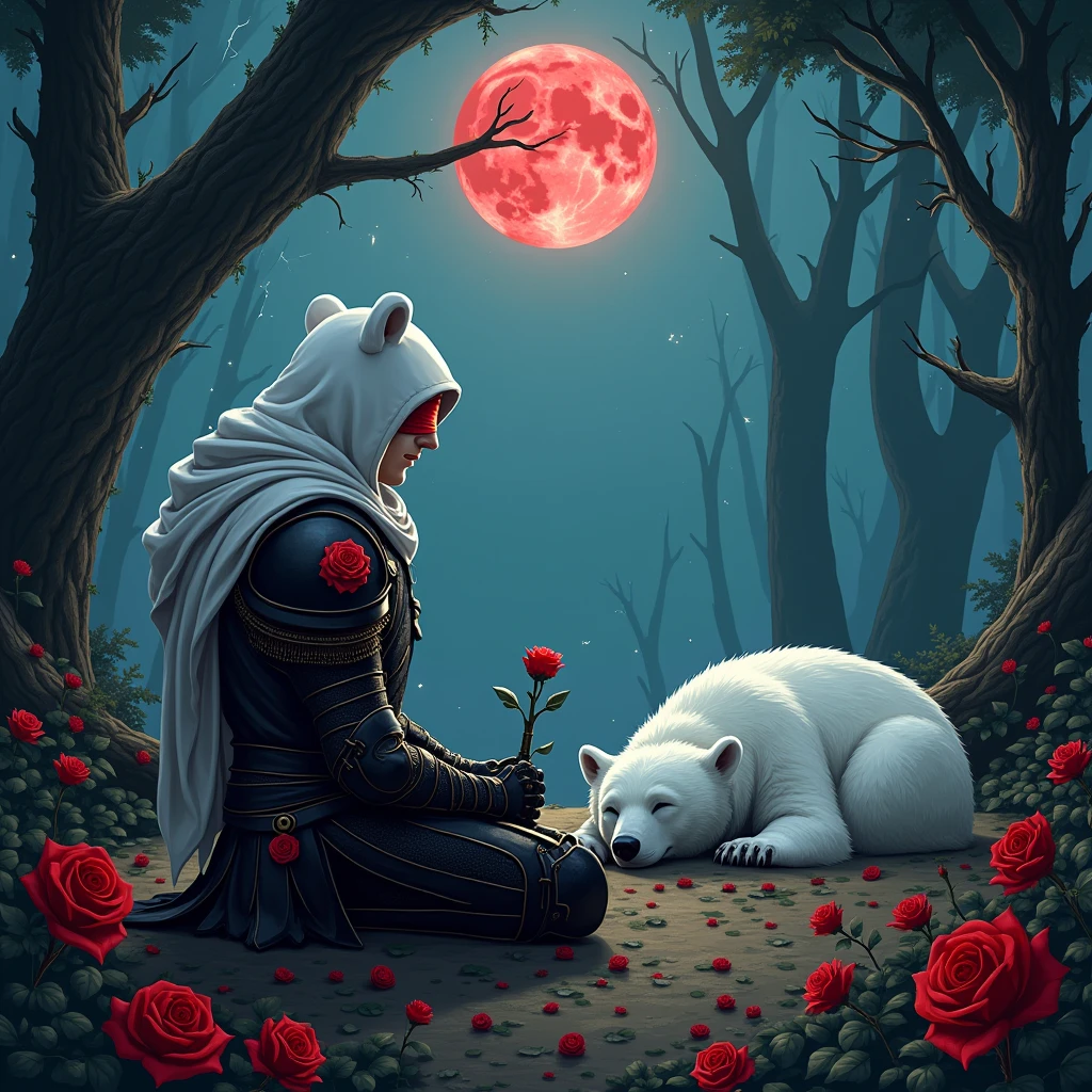 Male knight with a white hood with bear ears with sword behind his back sits on the ground towards a polar bear in a forest while the moon shines, many Roses cover the ground and lightning falls from the sky. The polar bear sleeps in front of the knight. Only the man wears a red blindfold. In the background of the picture is the blood moon and a tree has fallen down in the path. The forest is full of trees with leaves. The armor of the man is black and red roses decorate it. The knight holds his sword down in one hand and a rose in the other. The sky is full of stars.