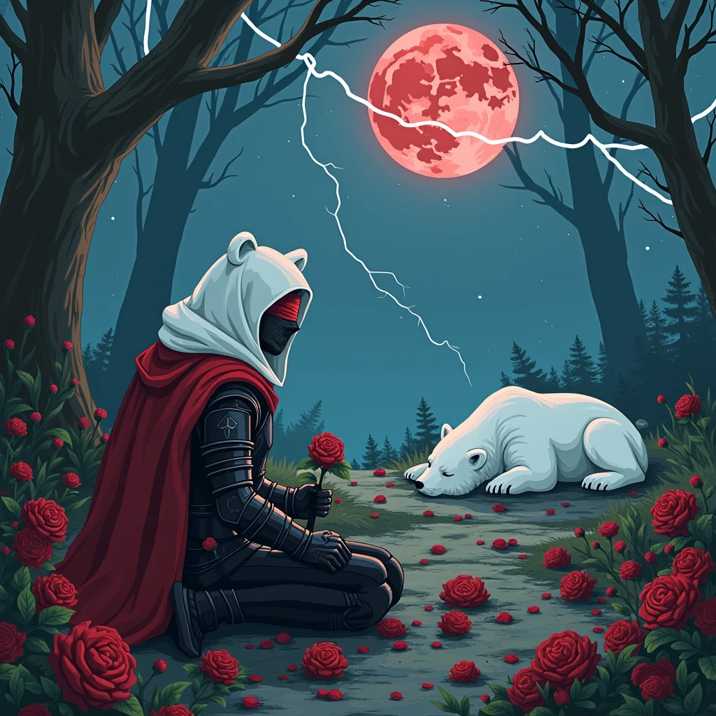 Male knight with a white hood with bear ears with sword behind his back sits on the ground towards a polar bear in a forest while the moon shines, many Roses cover the ground and lightning falls from the sky. The polar bear sleeps in front of the knight. Only the man wears a red blindfold. In the background of the picture is the blood moon and a tree has fallen down in the path. The forest is full of trees with leaves. The armor of the man is black and red roses decorate it. The knight holds his sword down in one hand and a rose in the other. The sky is full of stars.