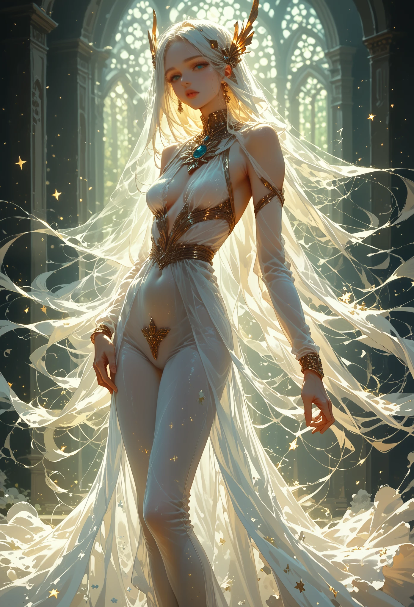 masterpiece, a beautiful void goddess, whole body in white transparent clothes, standing under the empty night stars, disappearing sheer pants, standing upright, Tall figure, slender legs, Detailed faces, detailed body parts details, 8k wallpaper,