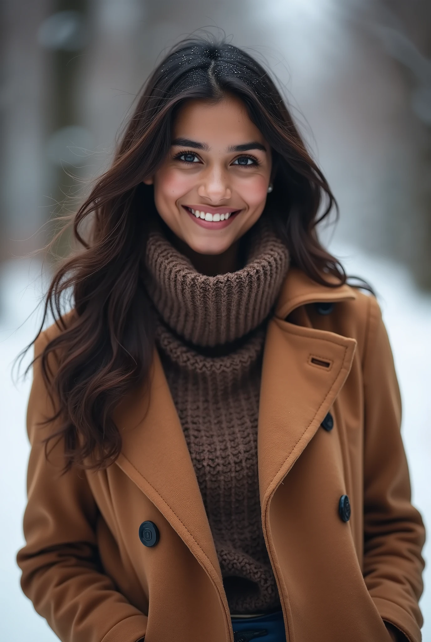 There is a young, Beautiful indian woman, who looks to the future like Katrina Kaif, Smiles into the camera, beautiful teeth, She looks into the camera, a portrait from raw photo, feet, hands, body, winter, coat,