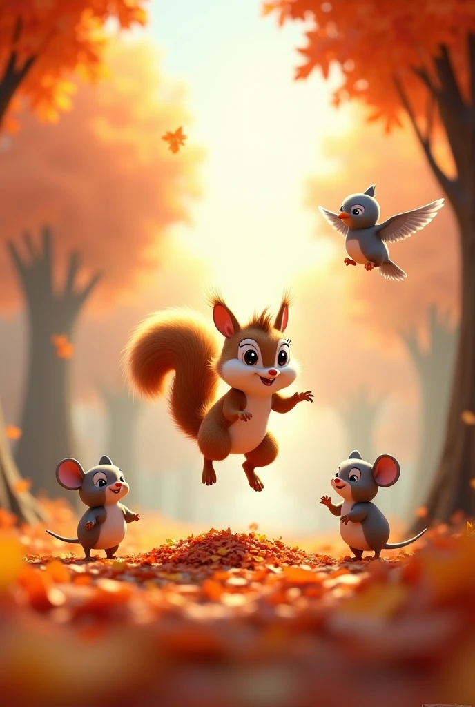 Need 3D animation style"mouse and pigeon guided squirrel safely down, and he landed in a pile of autumn leaves.