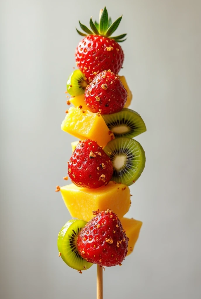Strawberry, kiwi, pineapple, mango, skewered on a stick and coated in a hard, caramelized sugar glaze. The result is a sweet, crunchy treat with a glossy appearance. satisfying texture contrast between the crispy candy coating and the fruit inside. Lastly with spread of chili flakes