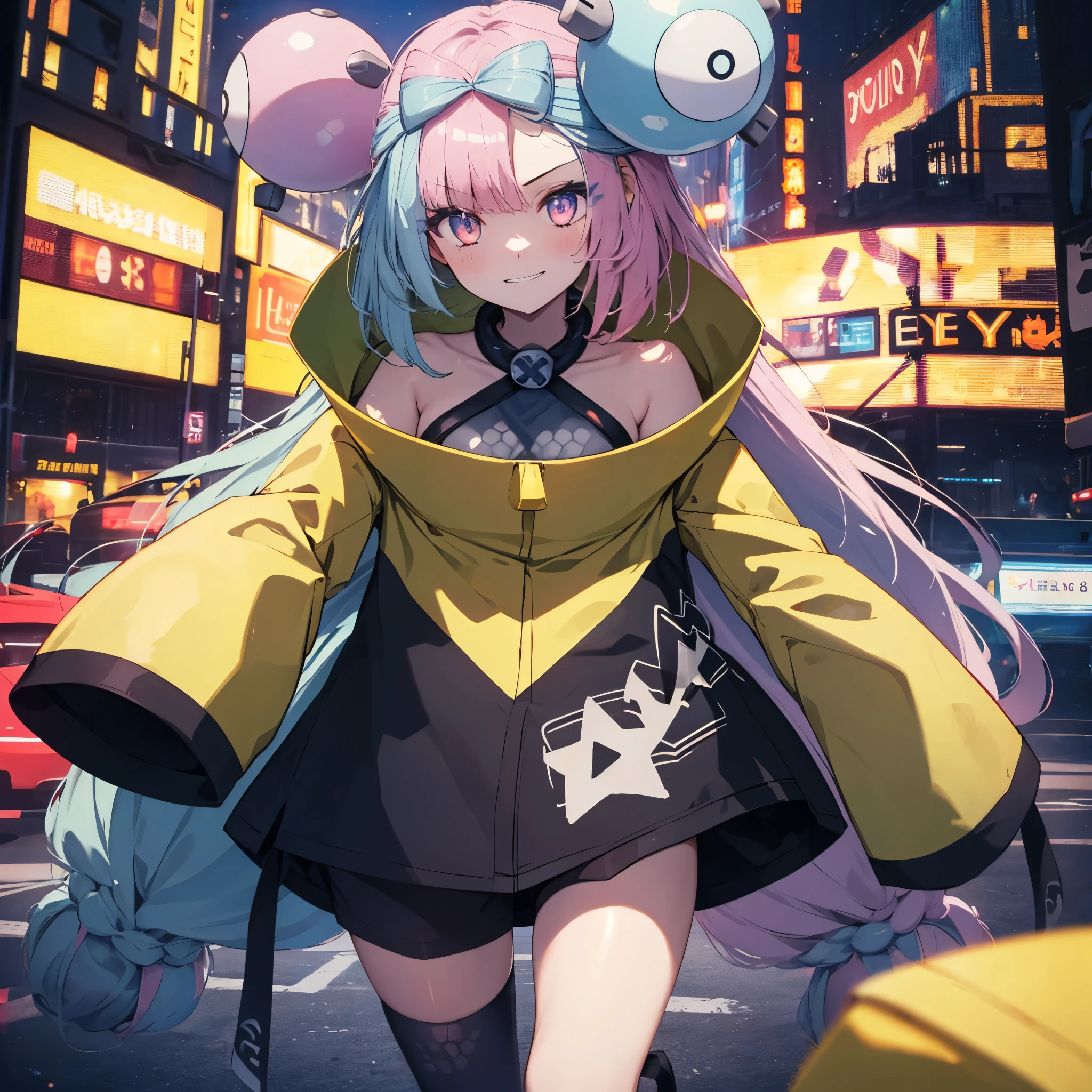 masterpiece, Highest quality, Perfect Face, Highest Resolution, Highest quality,Detailed depiction of the eyes, 8k, One Girl, Long Hair, Yellow Jacket, Long sleeve, hair ornaments, Future City, neon, laugh