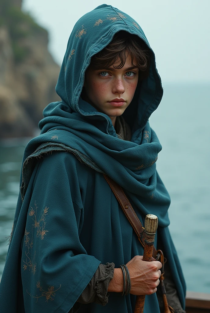 a young fisherman aged 18 years, 172 cm tall, weighing 65 kilograms, fantasy world background, wearing a robe has a hood