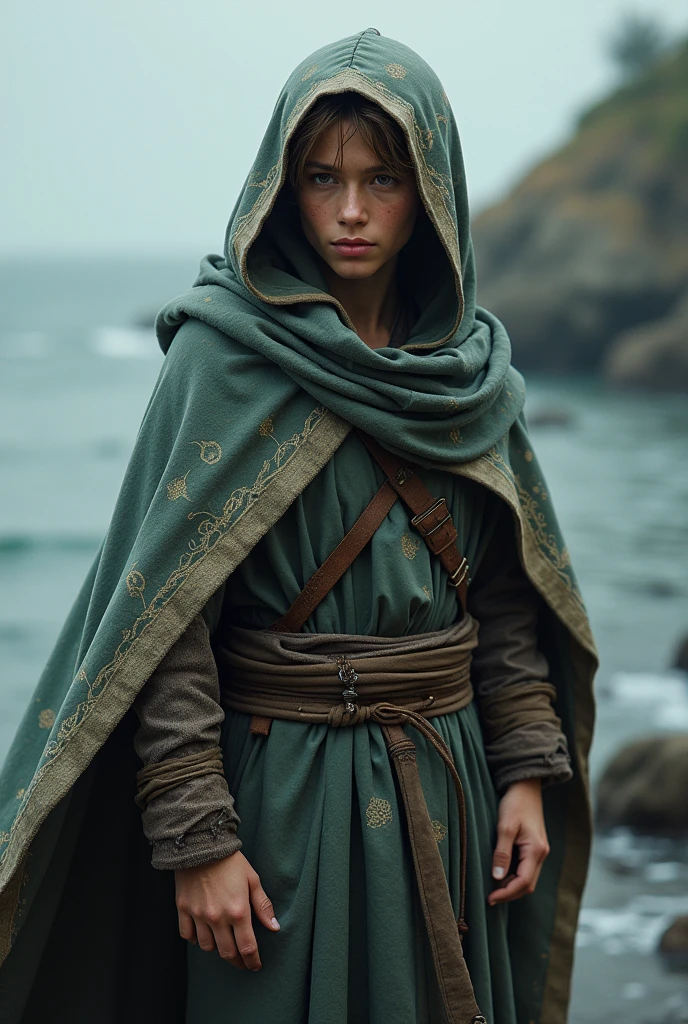 a young fisherman aged 18 years, 172 cm tall, weighing 65 kilograms, fantasy world background, wearing a robe has a hood