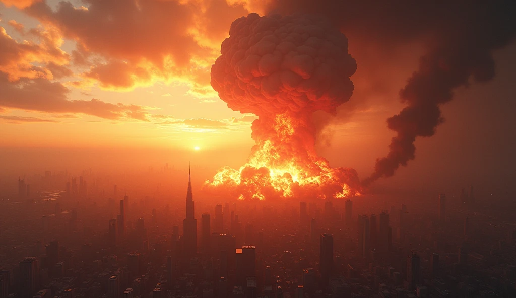 a massive nuclear bomb falling from the sky over a city, aerial view from above, satellite view, apocalyptic destruction, intense light and shockwaves, detailed mushroom cloud, crumbling buildings, debris and smoke, cinematic dramatic lighting, vibrant fiery colors, realistic 3d rendering, extreme detail, photorealistic, cinematic dramatic lighting, vibrant colors, dark clouds, chaos, destruction