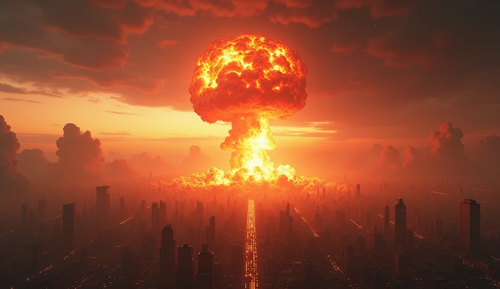 a massive nuclear bomb falling from the sky over a city, aerial view from above, satellite view, apocalyptic destruction, intense light and shockwaves, detailed mushroom cloud, crumbling buildings, debris and smoke, cinematic dramatic lighting, vibrant fiery colors, realistic 3d rendering, extreme detail, photorealistic, cinematic dramatic lighting, vibrant colors, dark clouds, chaos, destruction