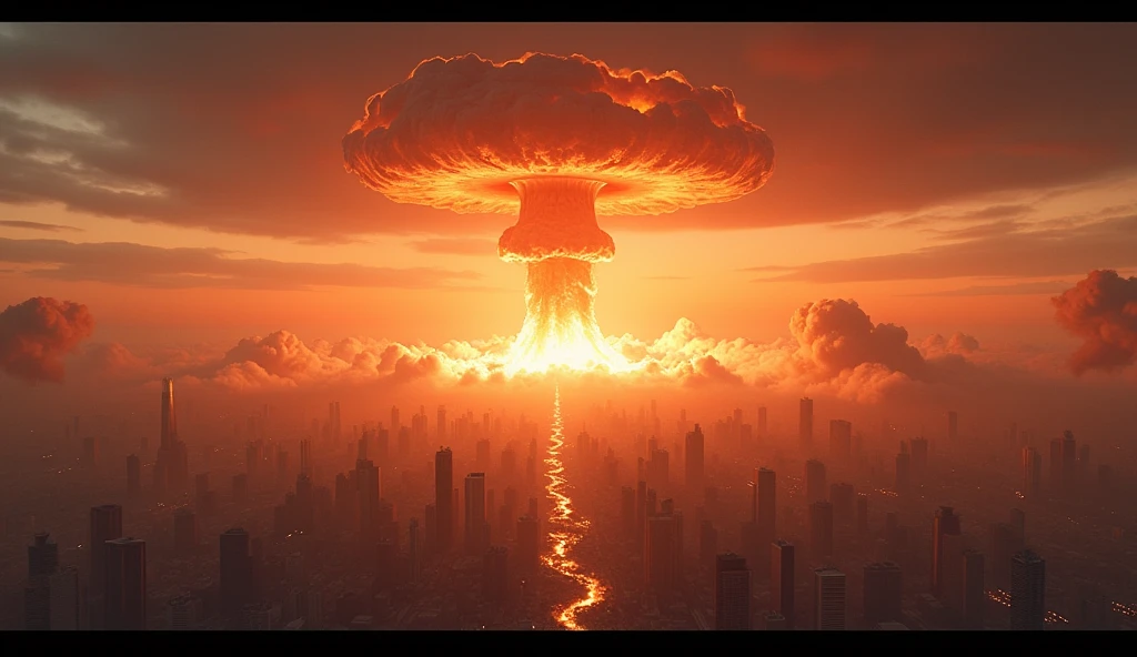 a massive nuclear bomb falling from the sky over a city, aerial view from above, satellite view, apocalyptic destruction, intense light and shockwaves, detailed mushroom cloud, crumbling buildings, debris and smoke, cinematic dramatic lighting, vibrant fiery colors, realistic 3d rendering, extreme detail, photorealistic, cinematic dramatic lighting, vibrant colors, dark clouds, chaos, destruction