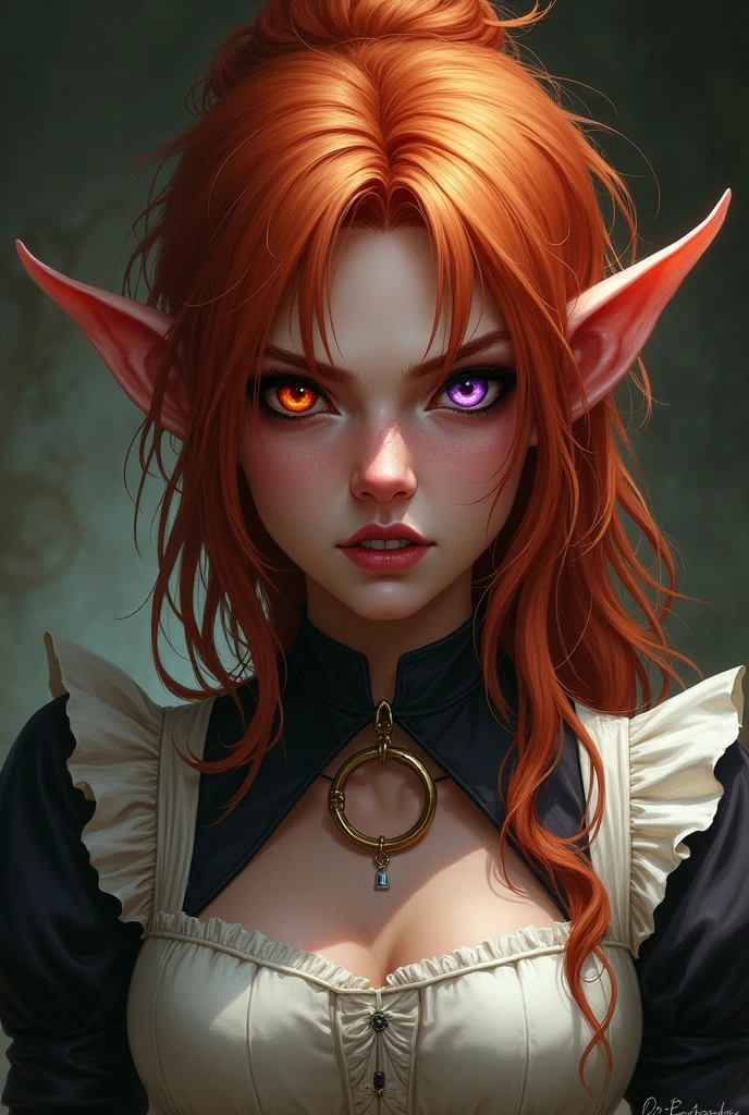 Femme de l'univers donjons et dragons. Apparence sauvage. Un peu sale. Cheveux roux. Yeux vairrons de couleur rouge et violet. Collier avec une bague autour du cou. Regard déterminé un peu en colère. Habillée en servante. 
Pas de décolleté.
Oreilles humaines.