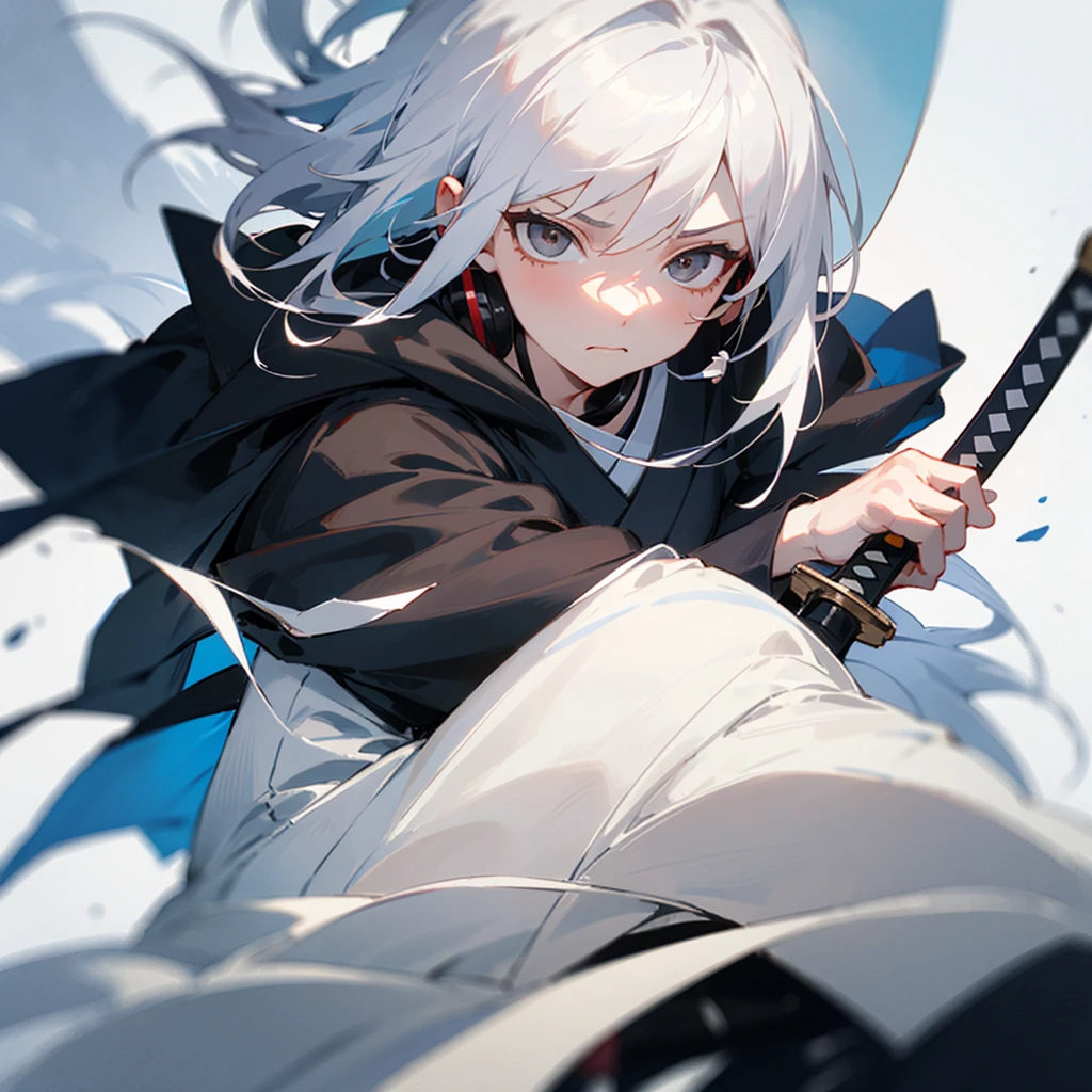 High Quality, masterpiece, Girl 1, white hair, shot, [[White Eyes]], inexpressive, with a straight face, Modern clothes, black hood, simple clothes, Wearing black headset, Holding a Japanese sword