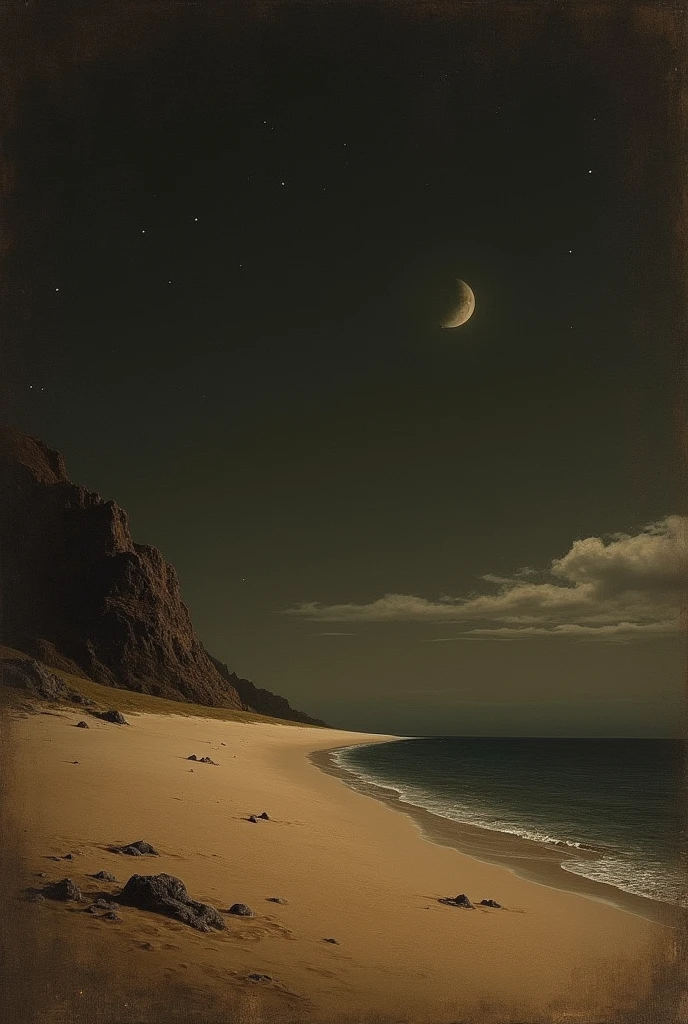 I need a beach picture with just the sean and sand and a small moon and some clouds and one or two birds. The picture must be dark brown and most importantly it must look like an ancient painting and not AI. Everything bust be dark brown. No human and make it look like an ancient painting where you can see the texture and everything