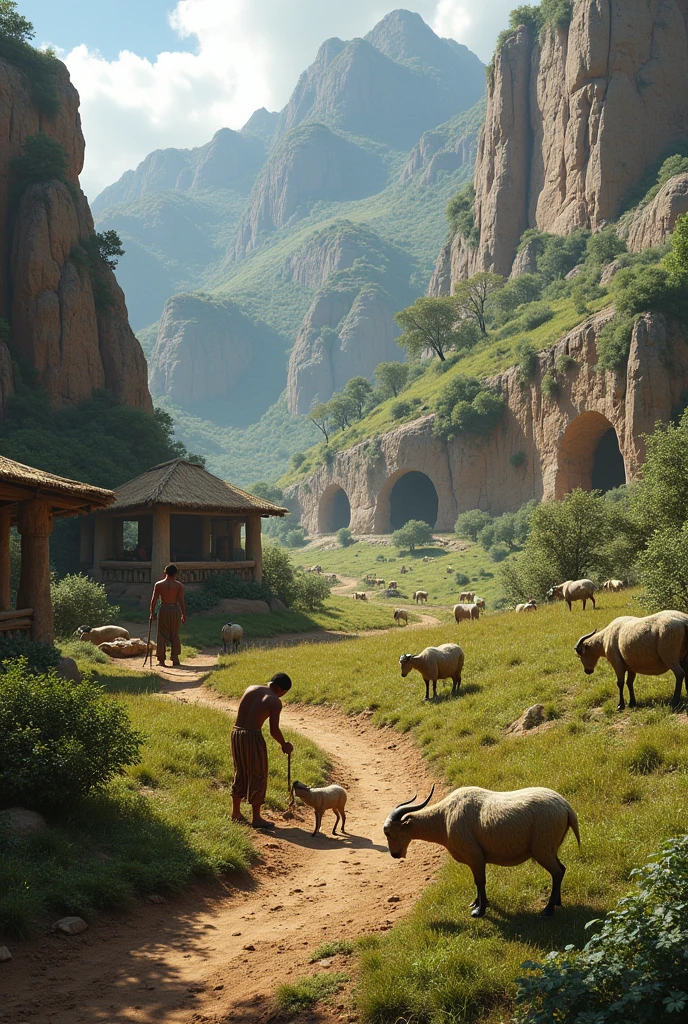 A small settlement where early agricultural practices are beginning to emerge. People are depicted planting seeds and domesticating animals, such as goats or sheep. Nearby, artists are creating symbolic cave paintings or carvings that represent their early beliefs and practices.
