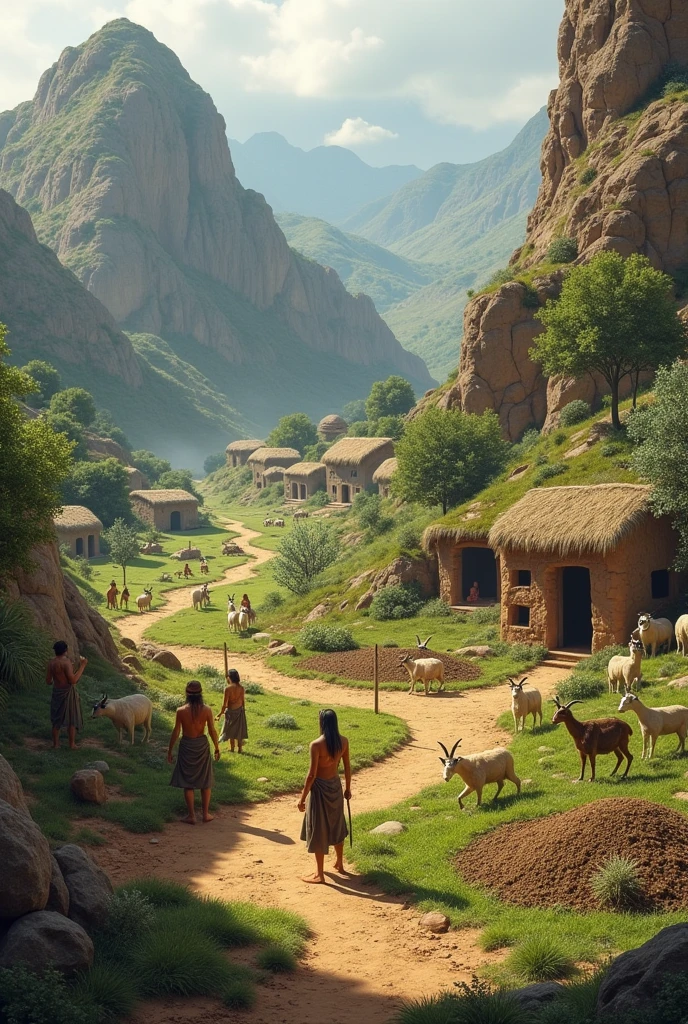 A small settlement where early agricultural practices are beginning to emerge. People are depicted planting seeds and domesticating animals, such as goats or sheep. Nearby, artists are creating symbolic cave paintings or carvings that represent their early beliefs and practices.
