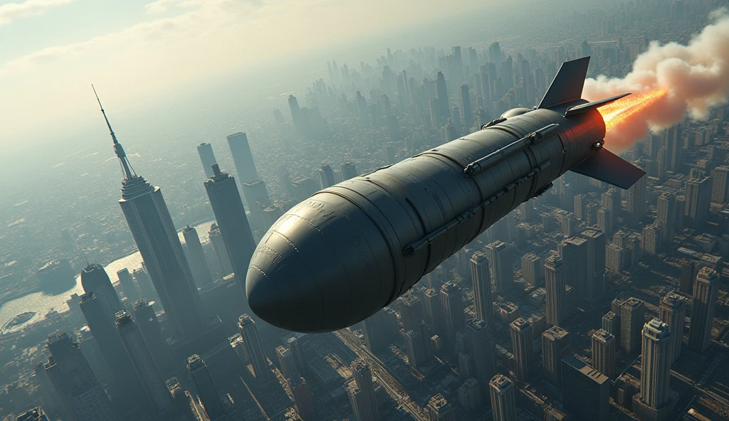 Bomb falling from the sky on a city; perspective of the bomb falling from the sky; satellite view (from top to bottom)