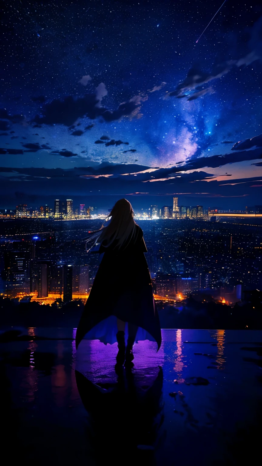 １people々々々,Blonde long-haired woman，Long coat， Dress Silhouette， Rear View，Space Sky, comet, Anime Style, Dancing Petals，Night view of the city from the mountainside，