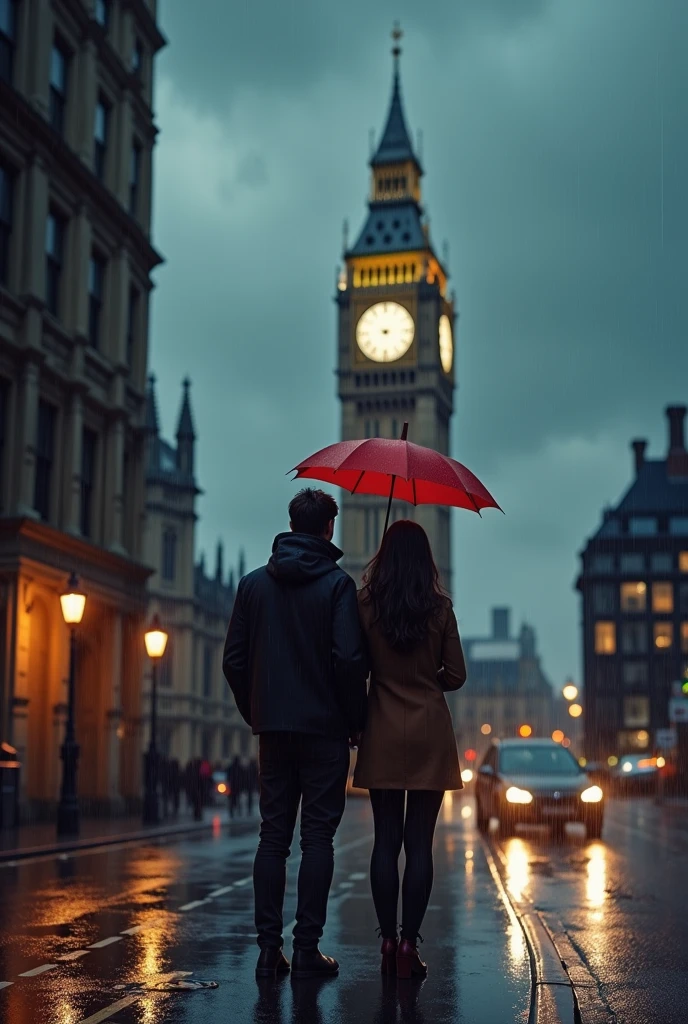 Drawing of a couple back to each other in London on a morning rainy day. The iconic clock tower looms in the background. Red Umbrella