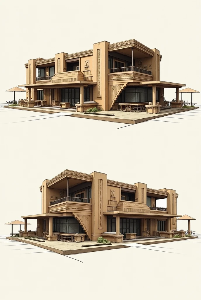 Manually drawn, design a 2-storey restaurant building on the specified lot, incorporating elements from one or more of the discussed historic styles (Prehistoric, Mesopotamian, Egyptian Architecture). On a single sheet of any paper size, create a concept board that highlights the chosen influences. You may include a perspective view, floor plan, elevation, or any drawing that best communicates your concept.