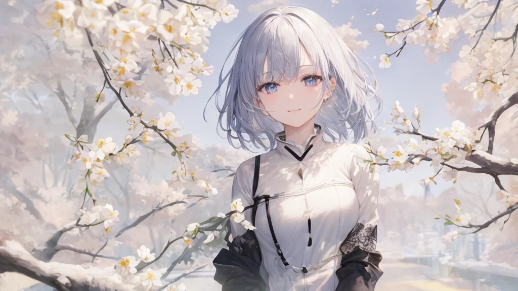 Ultra HD,Look at the viewers, Place your hands behind your back, and, 20-year-old, 非常にshort hair, Long bangs between the eyes, Pale blue eyes, Very detailed,(masterpiece、Highest quality),Gray Hair、Laughter、wonderful, Silver Hair, iris, short hair、 Fluttering Hair、Small face、明るいsmile、(Detailed face) ,Professional Lighting,wonderful風景,blue sky, sunlight,Looking down from above,Portraiture、Open your mouth、Flower Field、Her eyes were shining、Mysterious and enchanting atmosphere。With AI Painting、andてもshort hair, Long bangs between the eyes, Very detailed,(masterpiece、Highest quality)、alone、Gray Hair、Fantasy, Silver Hair, Fantasyな風景、smile、Open your mouth、short hair、short hair、hairpin、black eye、Grey Eyes、Beautiful Eyes、Black Shirt、White hoodie