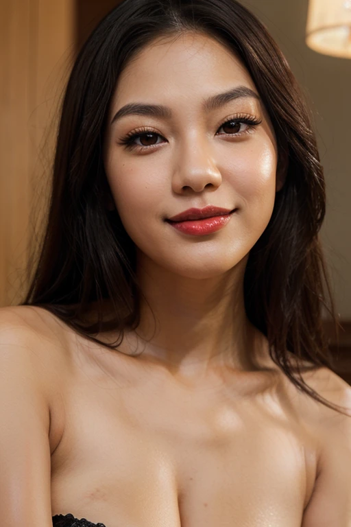 Create a beautiful female face with light brown eyes, black hair, Asian features, a nice nose that is not too big, and medium-sized lips, With a slim, Asian-featured face, red lips, hollow cheeks, visible cheekbones, and a smiling expression
