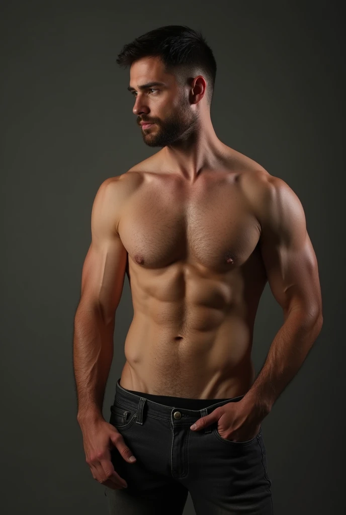 A man with nothing on with an erect penis view on pecs
