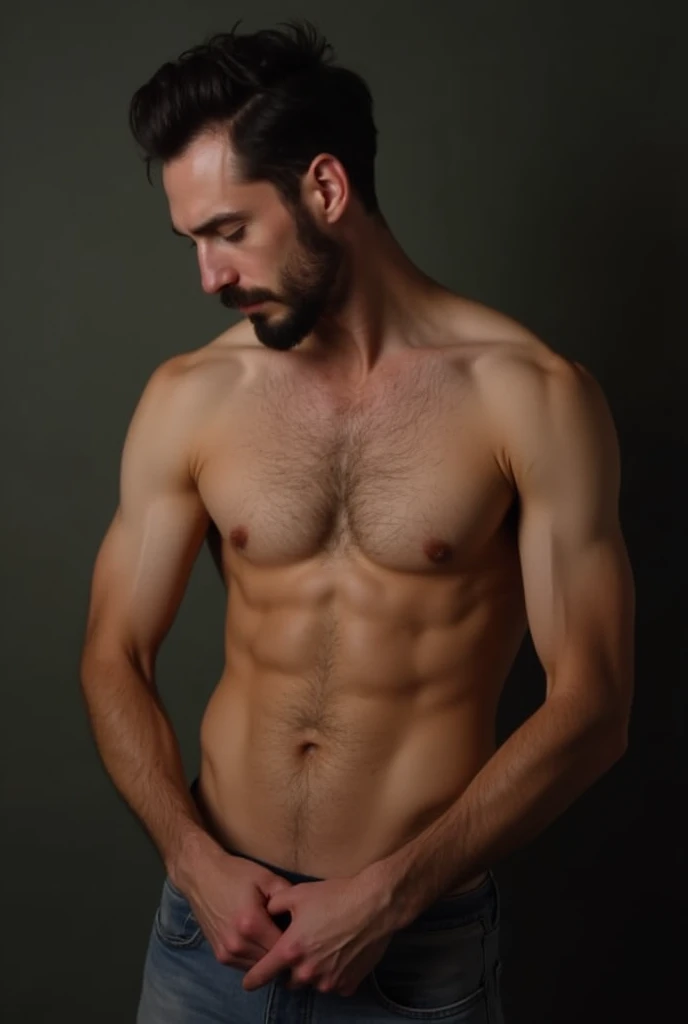 A man with nothing on with an erect penis view on pecs