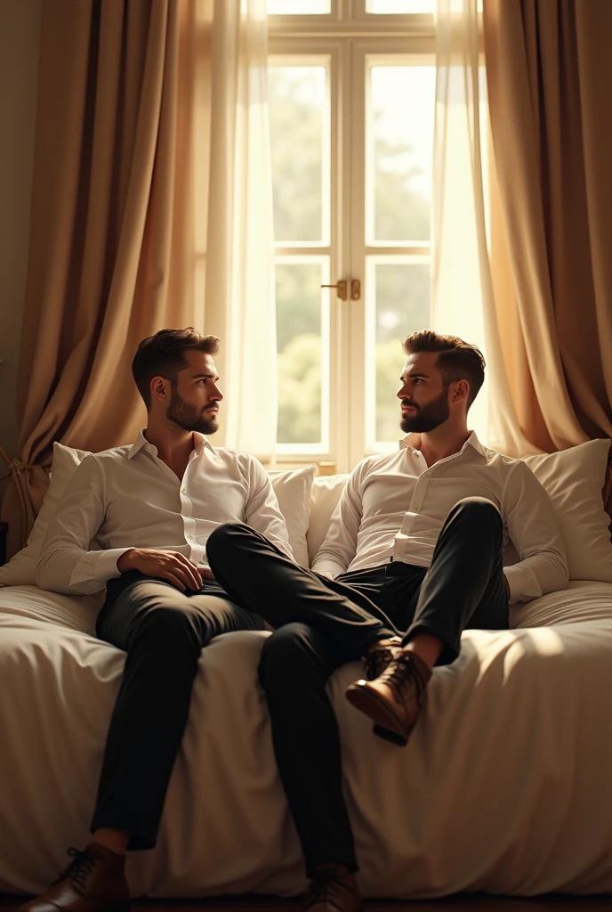 (photorealism:1.2), handsome men, sitting on bed, wearing formal dress , formal pant , indoors, soft lighting, curtains in background, window with sunlight, cozy room, relaxed pose, realistic, intricate details, warm colors, by Greg Rutkowski, by Alphonse Mucha