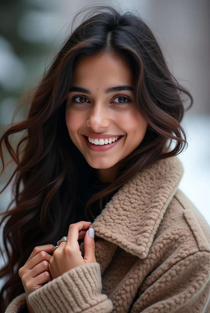 There is a young, Beautiful indian woman, who looks to the future like Katrina Kaif, Smiles into the camera, beautiful teeth, She looks into the camera, a portrait from raw photo, feet, hands, body, winter, coat,