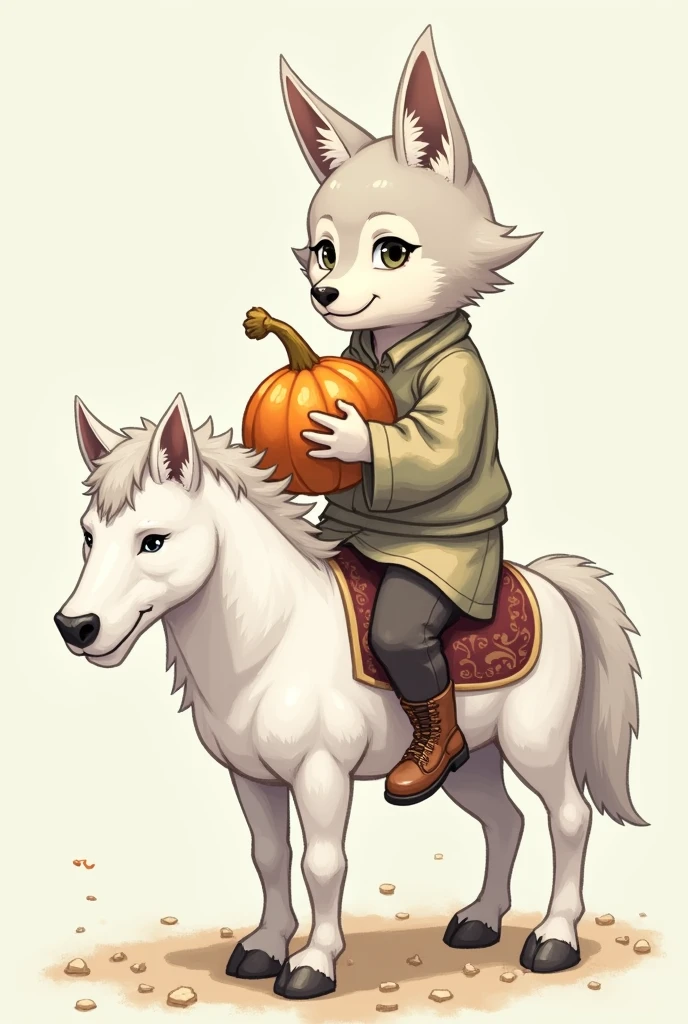 Wolf with a gourd in his hand asking for flour sitting on a white horse