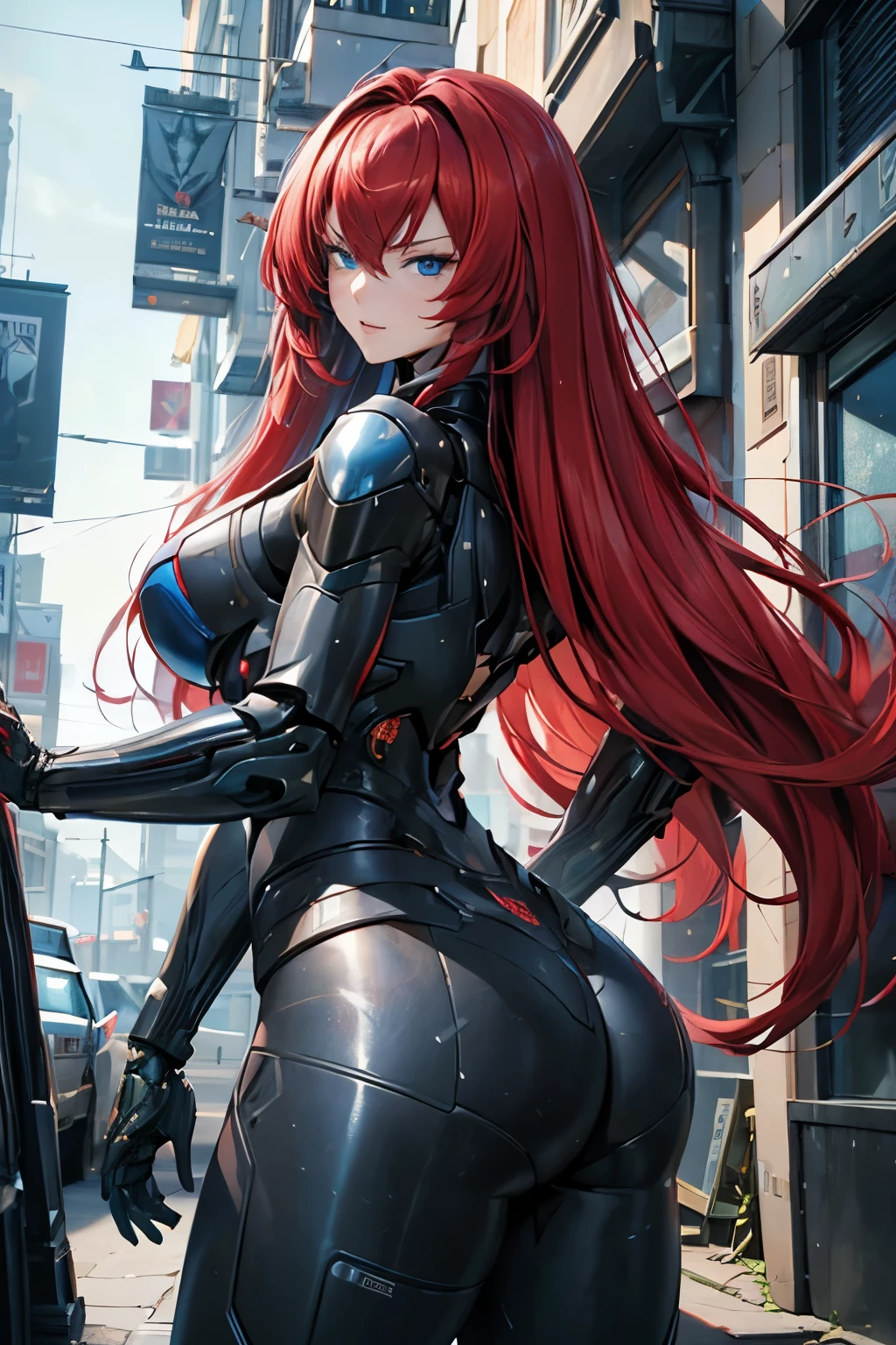 (best quality)), ((Masterpiece)), (details:1.4), 3d, HDR (high dynamic range), an image of a beautiful cyberpunk female, Red hair, Curtain Bangs, Red eyes, hips up, จมูกโด่ง, ปากแดง, หน้าอกใหญ่, nvidia RTX, PBR surface, After processing, Anisotropic filtration,depth of field, Maximum clarity and clarity, multi-layered surface, Subsurface scattering, perfect proportions, 8K raw files, ultra detailed, Perfect proportions, volumetric lighting, soft lighting, Holy Paladin, Heavy black Armor, glossy skin, gorgeous, intricate grey background, strong back lighting, jewely, ต่างหู, นิ้วมือสมบูรณ์, กระโปรงสั้น