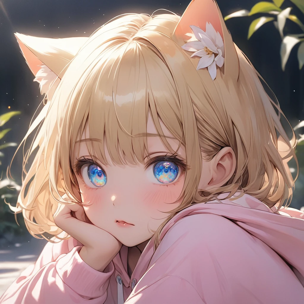 ((masterpiece)), ((Highest quality)), (Super Detail:1.2), (High resolution:1.3), ((Very detailed)), (8k), (Professional photography:1.2), (so beautiful:1.2), (Absurd:1.2), (Sharp focus), (Perfect light), (Cast a Shadow), (()), cute young Girl, Shiny straight hair, (Loose bangs), Blonde Hair, ((Short Hair)), Cat ears of the same color as the hair, Highlighted Hair, ((Face with raised eyebrows)), (Sparkling Eyes), Short Hair, Big eyes, Bright blue eyes, (Beautiful jewel-like eyes), blush, (cute cheeks), Glossy Lips, Pouting, Sagging under the eyes, (Lower eyelashes), break, ((Highest quality)), (Oversized loose pink hoodie), exposed left shoulder, ((Place both hands on cheeks)), (colorful), cute makeup, ((colorfulなパステルカラーの壁を背景に)), cute, (Beautiful lily painting), (Detailed Background:1.2), (up to date), Clear lines,Face close-up