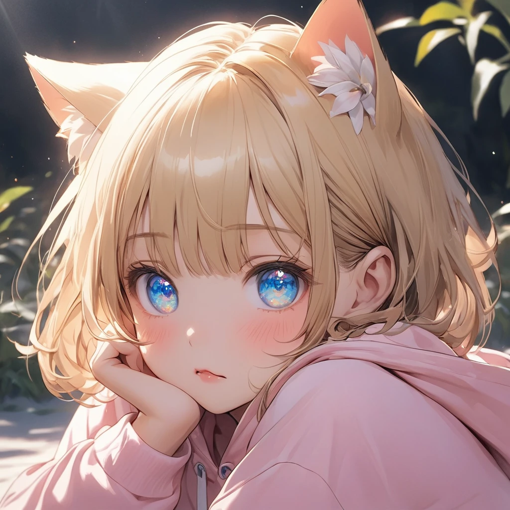 ((masterpiece)), ((Highest quality)), (Super Detail:1.2), (High resolution:1.3), ((Very detailed)), (8k), (Professional photography:1.2), (so beautiful:1.2), (Absurd:1.2), (Sharp focus), (Perfect light), (Cast a Shadow), (()), cute young Girl, Shiny straight hair, (Loose bangs), Blonde Hair, ((Short Hair)), Cat ears of the same color as the hair, Highlighted Hair, ((Face with raised eyebrows)), (Sparkling Eyes), Short Hair, Big eyes, Bright blue eyes, (Beautiful jewel-like eyes), blush, (cute cheeks), Glossy Lips, Pouting, Sagging under the eyes, (Lower eyelashes), break, ((Highest quality)), (Oversized loose pink hoodie), exposed left shoulder, ((Place both hands on cheeks)), (colorful), cute makeup, ((colorfulなパステルカラーの壁を背景に)), cute, (Beautiful lily painting), (Detailed Background:1.2), (up to date), Clear lines,Face close-up