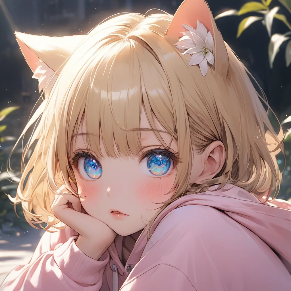 ((masterpiece)), ((Highest quality)), (Super Detail:1.2), (High resolution:1.3), ((Very detailed)), (8k), (Professional photography:1.2), (so beautiful:1.2), (Absurd:1.2), (Sharp focus), (Perfect light), (Cast a Shadow), (()), cute young Girl, Shiny straight hair, (Loose bangs), Blonde Hair, ((Short Hair)), Cat ears of the same color as the hair, Highlighted Hair, ((Face with raised eyebrows)), (Sparkling Eyes), Short Hair, Big eyes, Bright blue eyes, (Beautiful jewel-like eyes), blush, (cute cheeks), Glossy Lips, Pouting, Sagging under the eyes, (Lower eyelashes), break, ((Highest quality)), (Oversized loose pink hoodie), exposed left shoulder, ((Place both hands on cheeks)), (colorful), cute makeup, ((colorfulなパステルカラーの壁を背景に)), cute, (Beautiful lily painting), (Detailed Background:1.2), (up to date), Clear lines,Face close-up