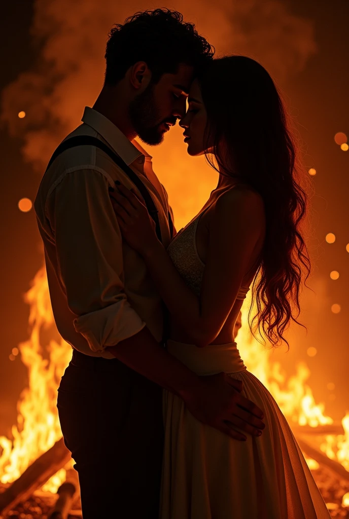 A passionate couple in a sensual pose surrounded by flames and dramatic shadows. The firelight casts deep, moody shadows that enhance the intense atmo.jpg
