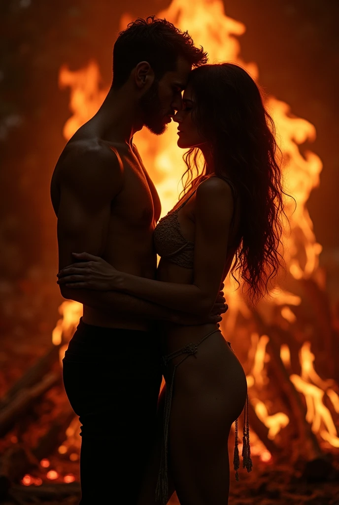 A passionate couple in a sensual pose surrounded by flames and dramatic shadows. The firelight casts deep, moody shadows that enhance the intense atmo.jpg