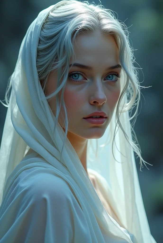 Gray-haired and blue-eyed beauty,1,Draped in a white cloak,Detailed portrait,Realism,Realism,masterpiece,Extremely detailed face,Intricate details,Cinema-like lighting,Dramatic atmosphere,fantasy,grace,peaceful,grace的姿势,nude