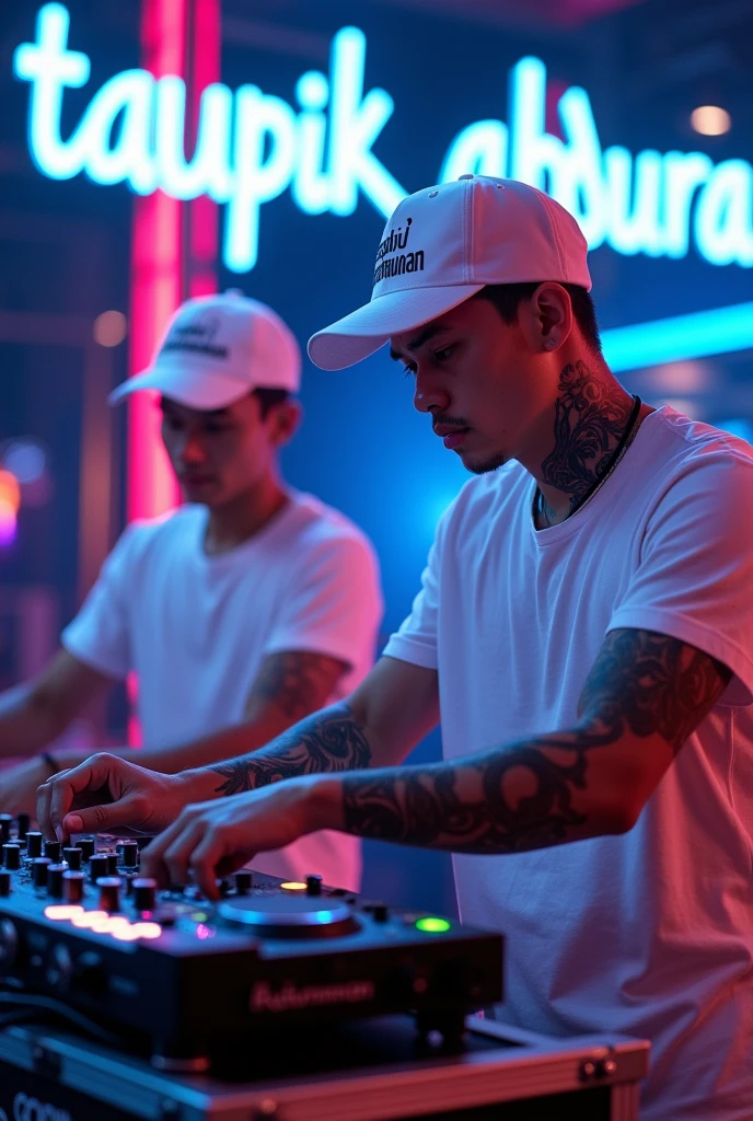 2 handsome Thai man wearing a white baseball cap with the words"Taupik Abdurahman" , wearing a white shirt with a full body tattoo, working in audio sound system with background sound system full audio spotlight colorful lights there is writing that lights up blue"Taupik Abdurahman"