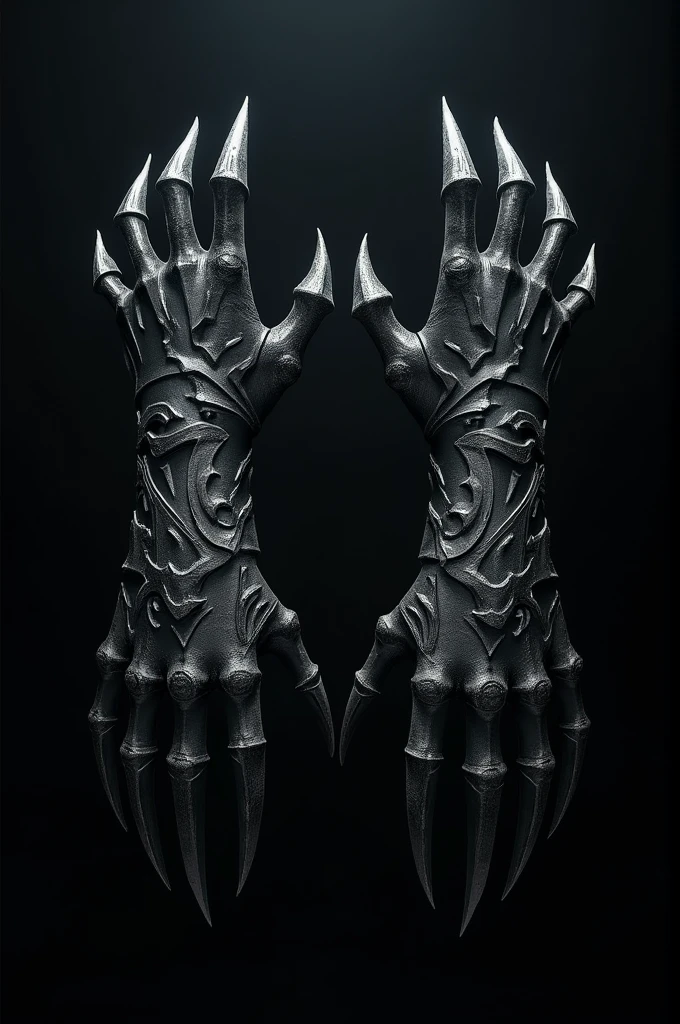 Imagine a pair of dark, mysterious shadow steel gauntlets with intricate, etched designs that seem to shift and absorb light, and razor-sharp, articulated fingers that end in deadly, curved claws, set against a dark, ominous background that highlights the gauntlets' menacing presence.