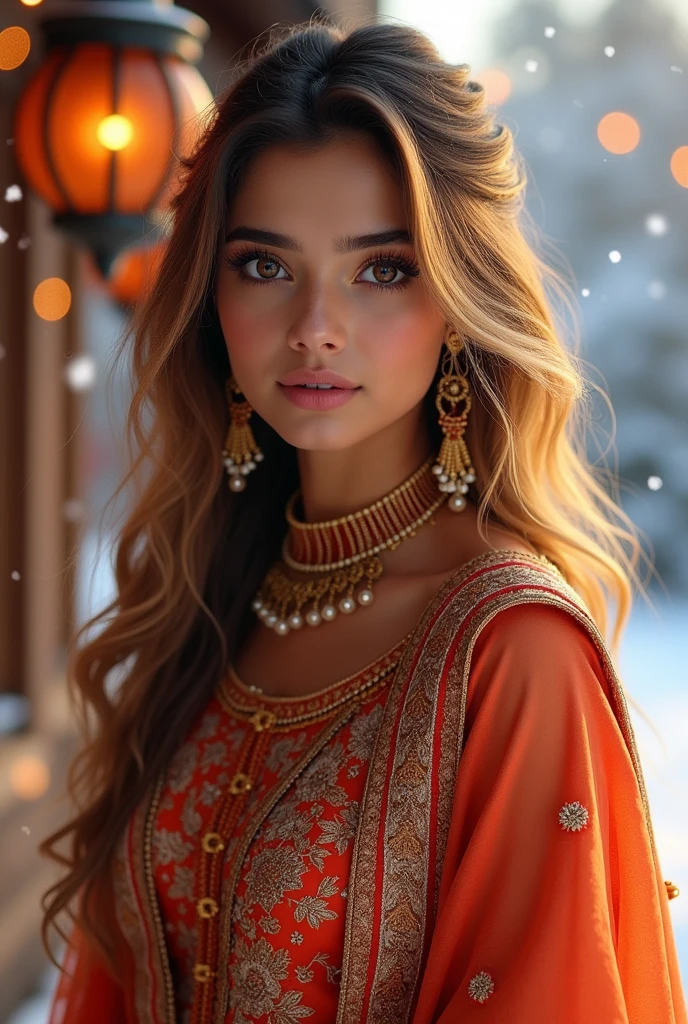 lovely cute young attractive indian girl, brown eyes, gorgeous actress, 2, cute, an Instagram model, long blonde_hair, colorful hair, winter , Indian, wearing salwar-kameez and dupatta