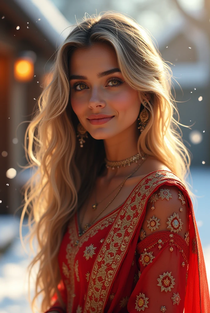 lovely cute young attractive indian girl, brown eyes, gorgeous actress, 2, cute, an Instagram model, long blonde_hair, colorful hair, winter , Indian, wearing salwar-kameez and dupatta
