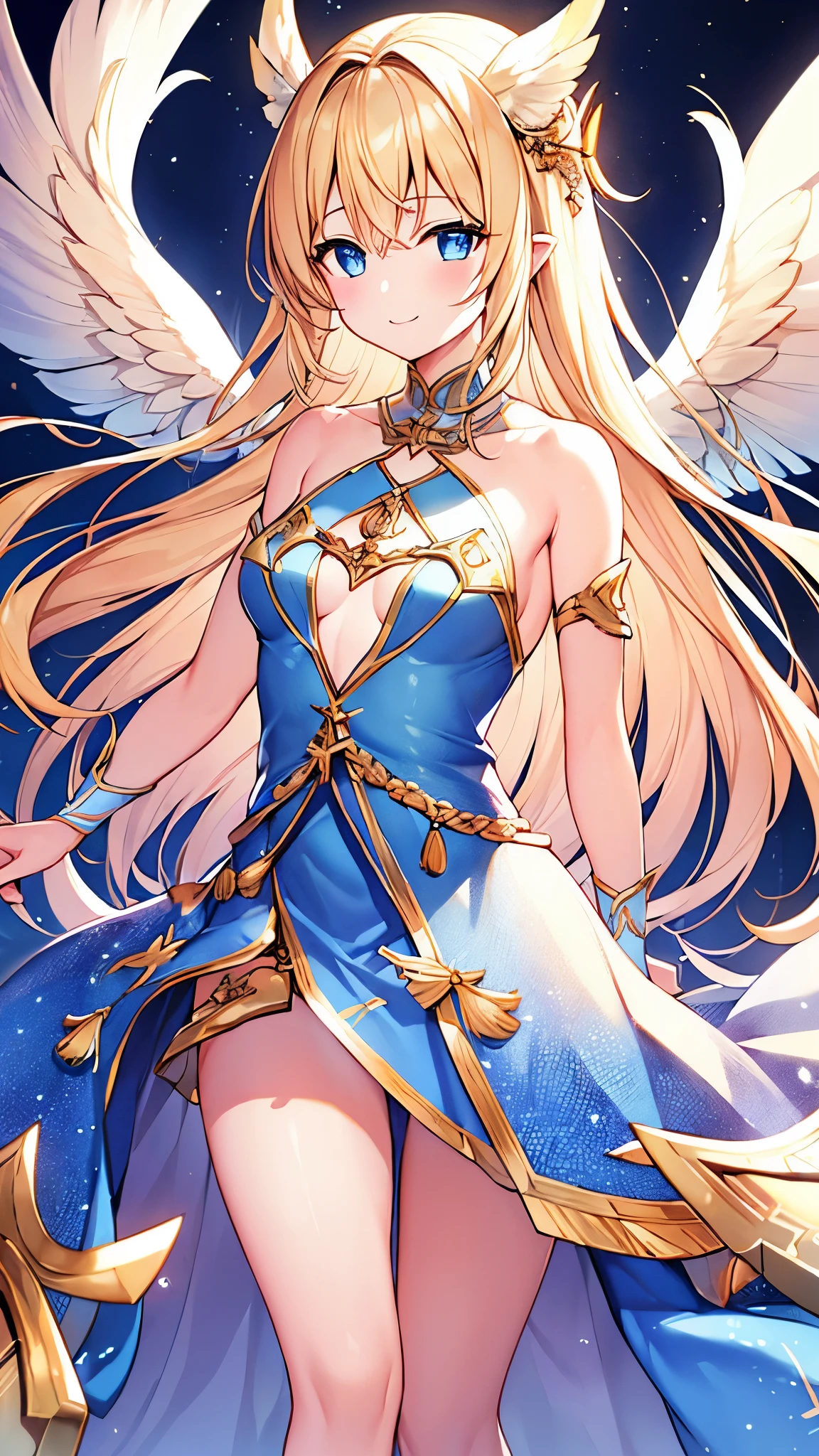 (4K、High resolution image quality、Detailed light、Detailed Shadows、Detailed Design)、1 girl、((Fit your whole body in the frame))、Blonde、Long Hair、Straight Hair、Fantasy、Blue and white outfit、((Modest chest、Small breasts))、Angel、((Valkyrie))、smile、Decoration on the head、Angelの翼、Big feather、Glowing feathers、Floating in the sky、Morning sky