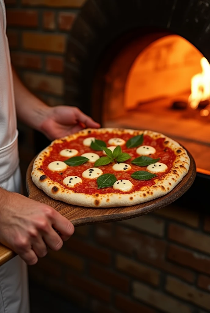 **show how a pizza margherita is pushed into a wood oven with a long pusher**