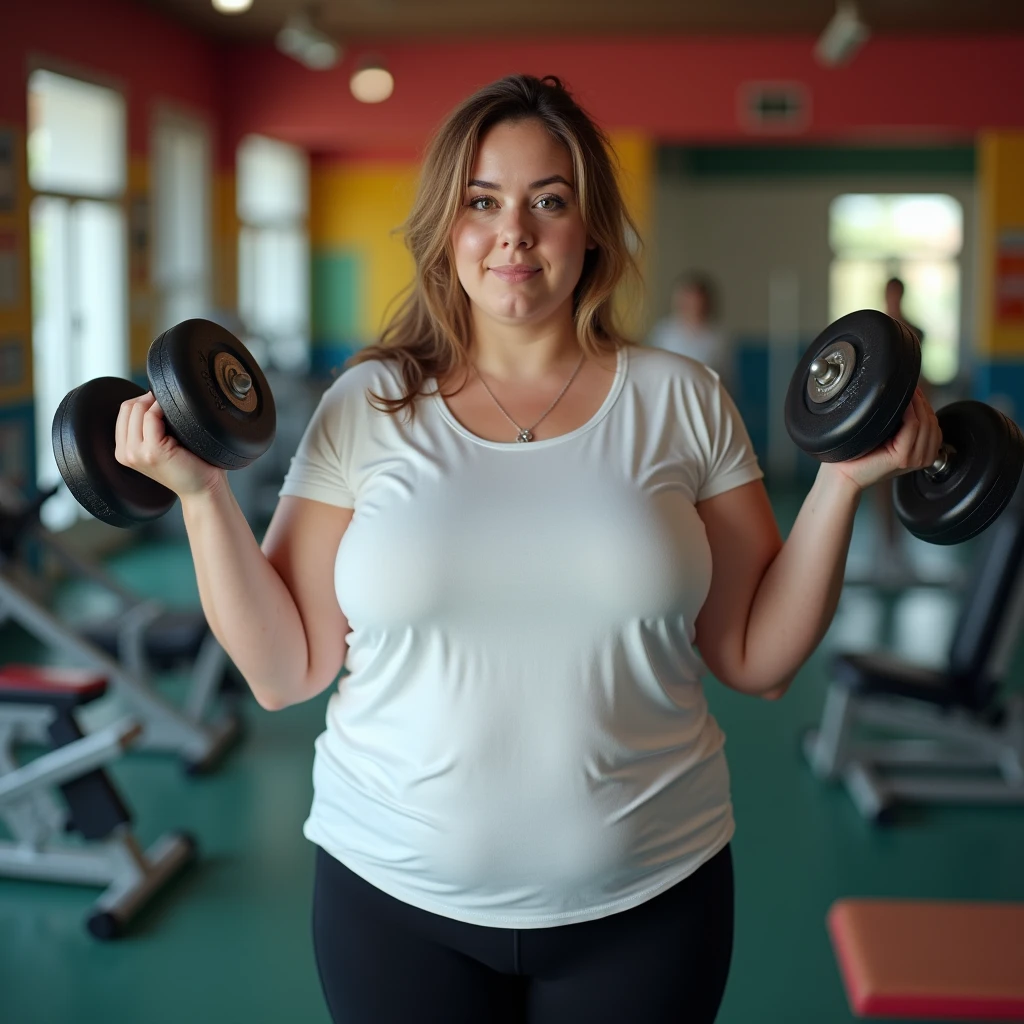 A overweight Girl, white t-shirt, black legging, wear shoes, small breast, looking viewer, facing the viewer, hand lifting weights, trying to loose weight, back ground at many colored gym.