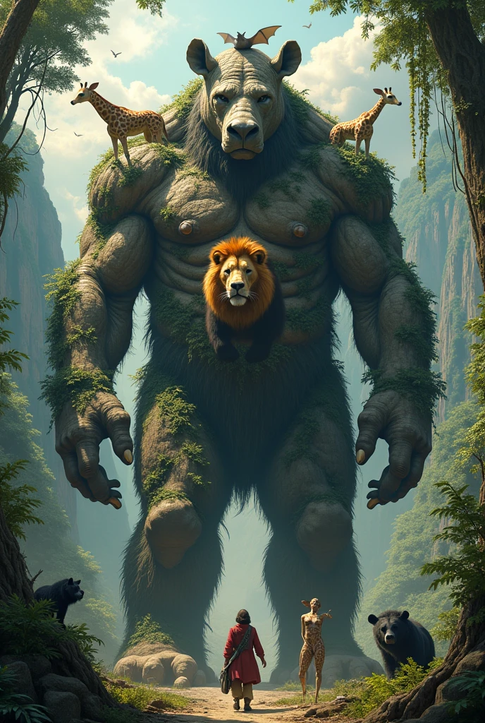 A raging jungle giant with a bat on his head, a giraffe on his right hand, a giraffe on his left hand, a rhinoceros on his feet, black and white bears on his chest, and a lion on his chest.