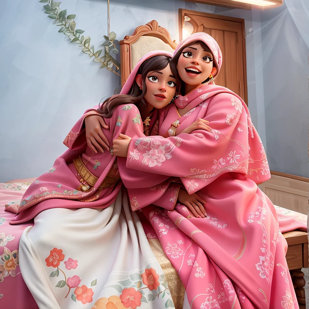 there are two women sitting on a bed hugging each other, woman holding another woman, wearing traditional garb, picture, portrait of women embracing, draped in pink and green robes, covered, a picture, very very low quality picture, detailed picture, sisters, a still of a happy, traditional clothes, traditional dress, covered!, covered with blanket, high quality uploadHD, (Best Detail), (Best Quality), Meticulous Eyes, Looking Ahead, Light in Eyes, Two-dimensional, Cartoon,
