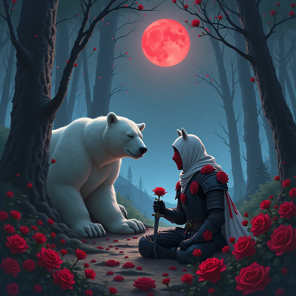 Male knight with a white hood with bear ears with sword behind his back sits on the ground towards a polar bear in a forest while the moon shines, many Roses cover the ground and lightning falls from the sky. The polar bear sleeps in front of the knight. Only the man wears a red blindfold. In the background of the picture is the blood moon and a tree has fallen down in the path. The forest is full of trees with leaves. The armor of the man is black and red roses decorate it. The knight holds his sword down in one hand and a rose in the other. The sky is full of stars.