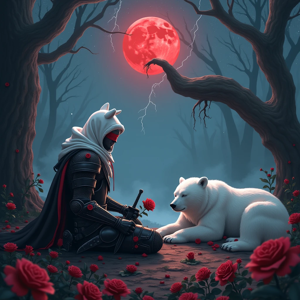 Male knight with a white hood with bear ears with sword behind his back sits on the ground towards a polar bear in a forest while the moon shines, many Roses cover the ground and lightning falls from the sky. The polar bear sleeps in front of the knight. Only the man wears a red blindfold. In the background of the picture is the blood moon and a tree has fallen down in the path. The forest is full of trees with leaves. The armor of the man is black and red roses decorate it. The knight holds his sword down in one hand and a rose in the other. The sky is full of stars.
