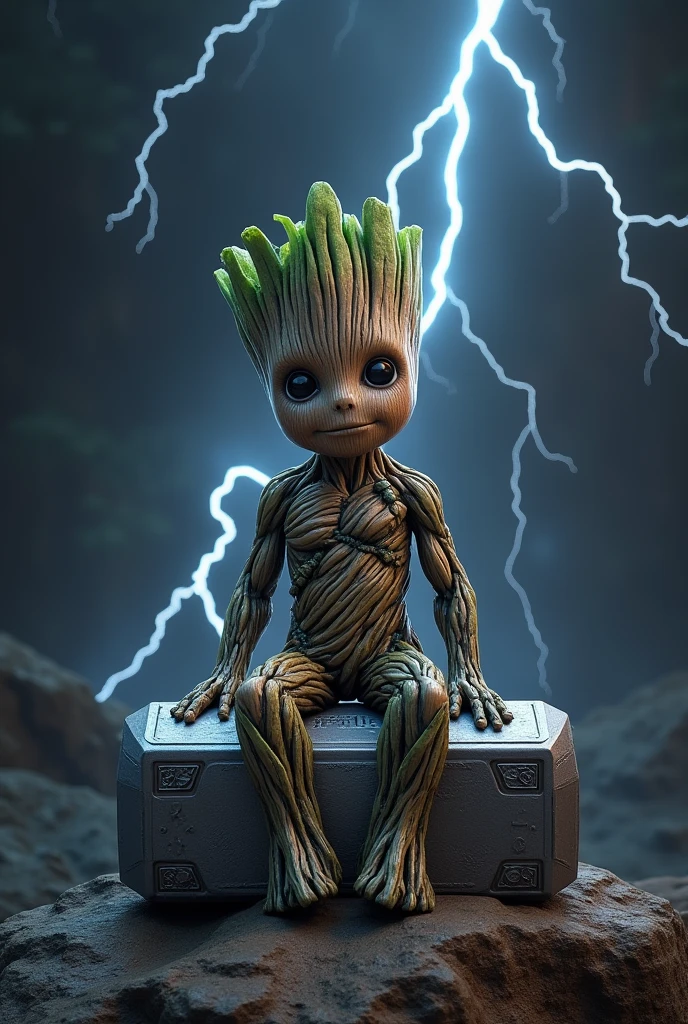 Thors Hammer realistc with Groot, sitting center with lightening