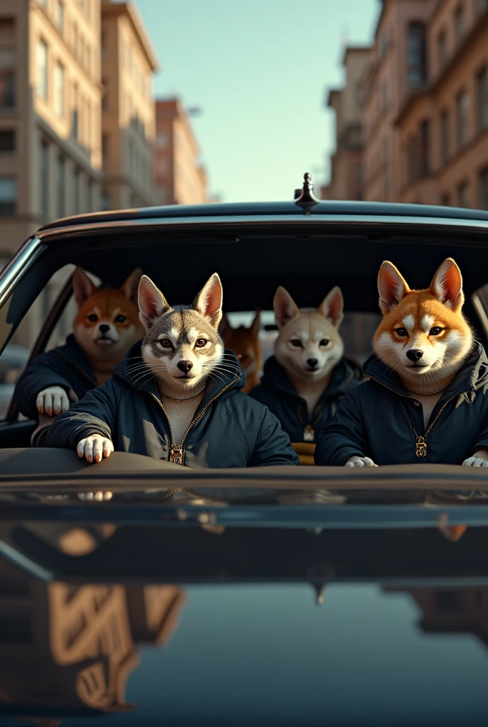 Mafia animals thug in tracksuits transport drugs in car Godart realistic, real, high resolution detail, full photo like real