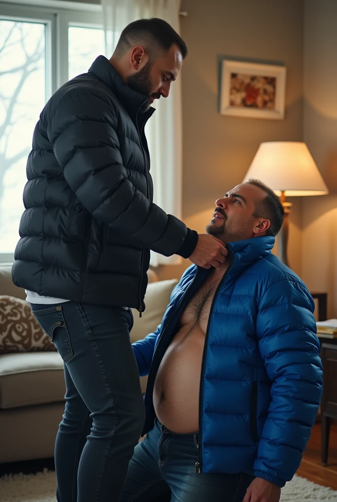 Create a hyper-realistic, high-resolution image showing two extremely handsome and seductive two males man together in a brightly lit living room. The wonderful and seductive uncle, aged 42, with short hair beginning to show signs of balding, is wearing dark pants and an open, *extremely shiny blue nylon puffer jacket* that exposes his slightly hairy chest and slightly prominent belly. He is kneeling on the floor, *wearing a collar around his neck*, being pulled by his gorgeous dominnering nephew, a 26 yo man with a naturally attractive physique, dressed in a formal shirt and casual pants, stands next to his wonderful submissive uncle. (((The *nephew pulls the collar with a confident and authoritative expression*, while the uncle, *kneeling*, looks up with a submissive expression))). The living room is natural high iluminate, with normal, comfortable decor that enhances the realism of the scene. The image should capture every detail with precision, emphasizing the interaction and contrast of roles between the two men with natural high ilumination highliging the realistic males man. High resolution, Super detail, Best quality, Anatomically correct, Accurate.